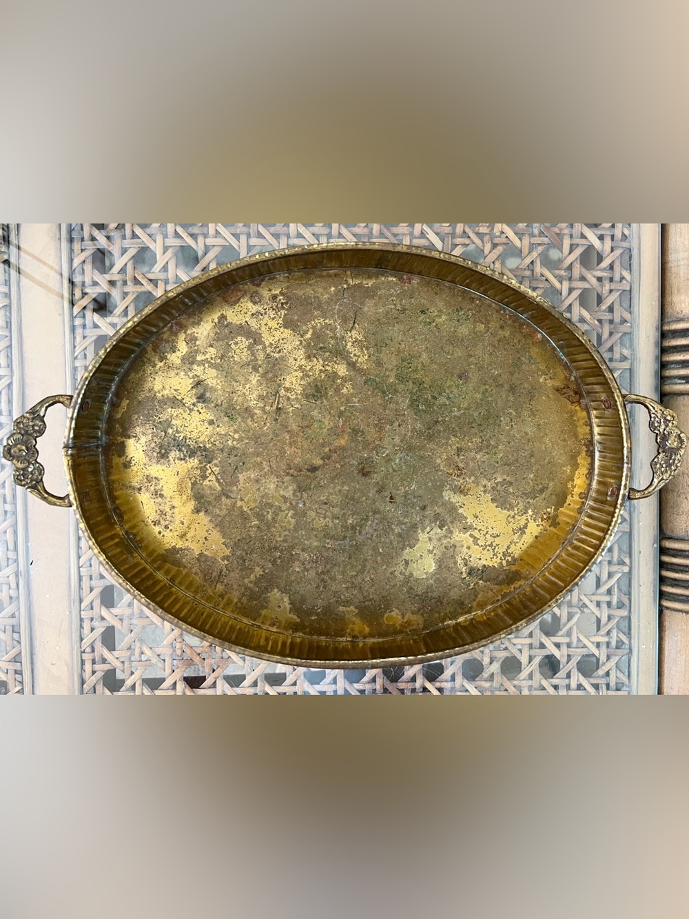 Reticulated Brass Oval Tray With Floral Handles 14.5” X 9.25”